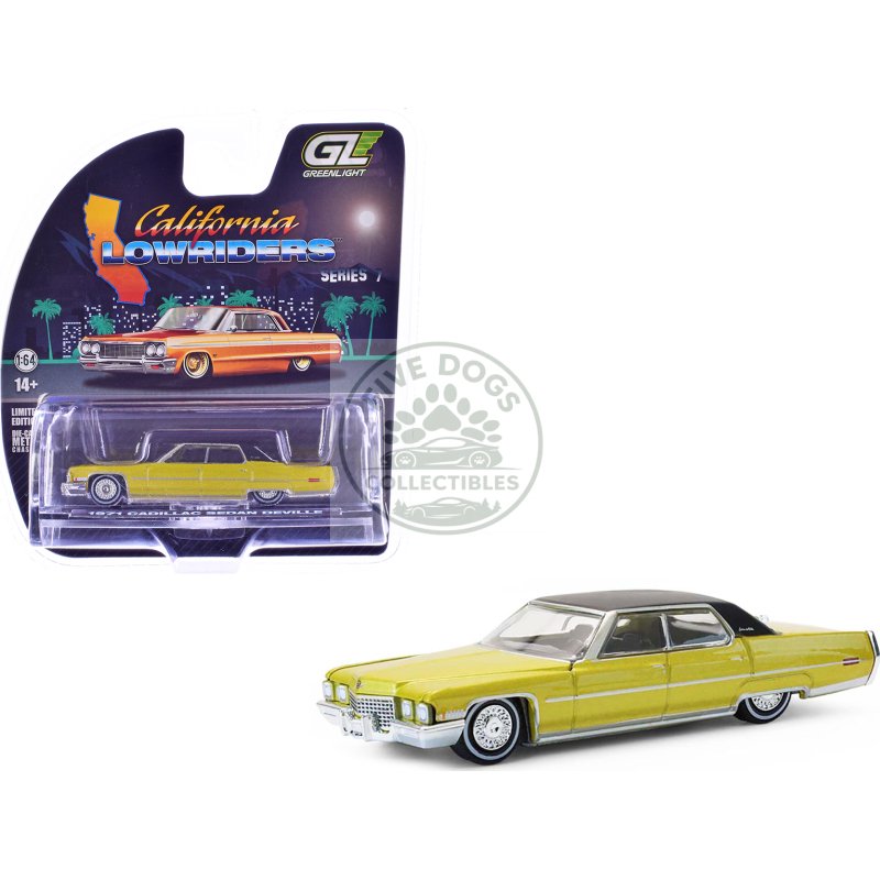 1971 cadillac sedan deville lowrider gold metallic with black top "california lowriders" series 7 1/64 diecast model car by greenlight
