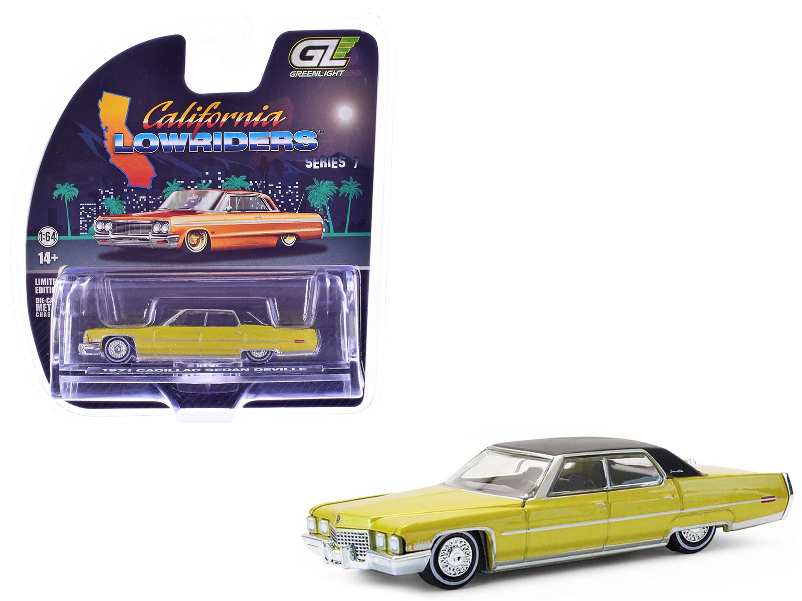 1971 cadillac sedan deville lowrider gold metallic with black top "california lowriders" series 7 1/64 diecast model car by greenlight 1971 cadillac sedan deville lowrider gold metallic with black top "california lowriders" series 7 1/64 diecast model car by greenlight