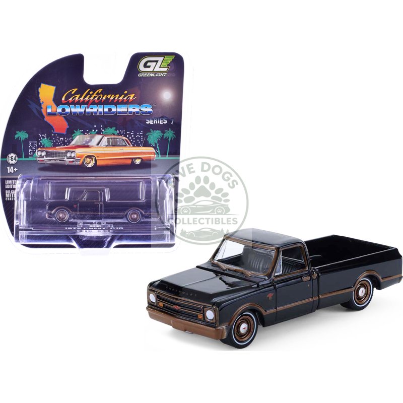 1972 chevrolet c10 pickup truck lowrider black with bronze stripes "california lowriders" series 7 1/64 diecast model car by greenlight