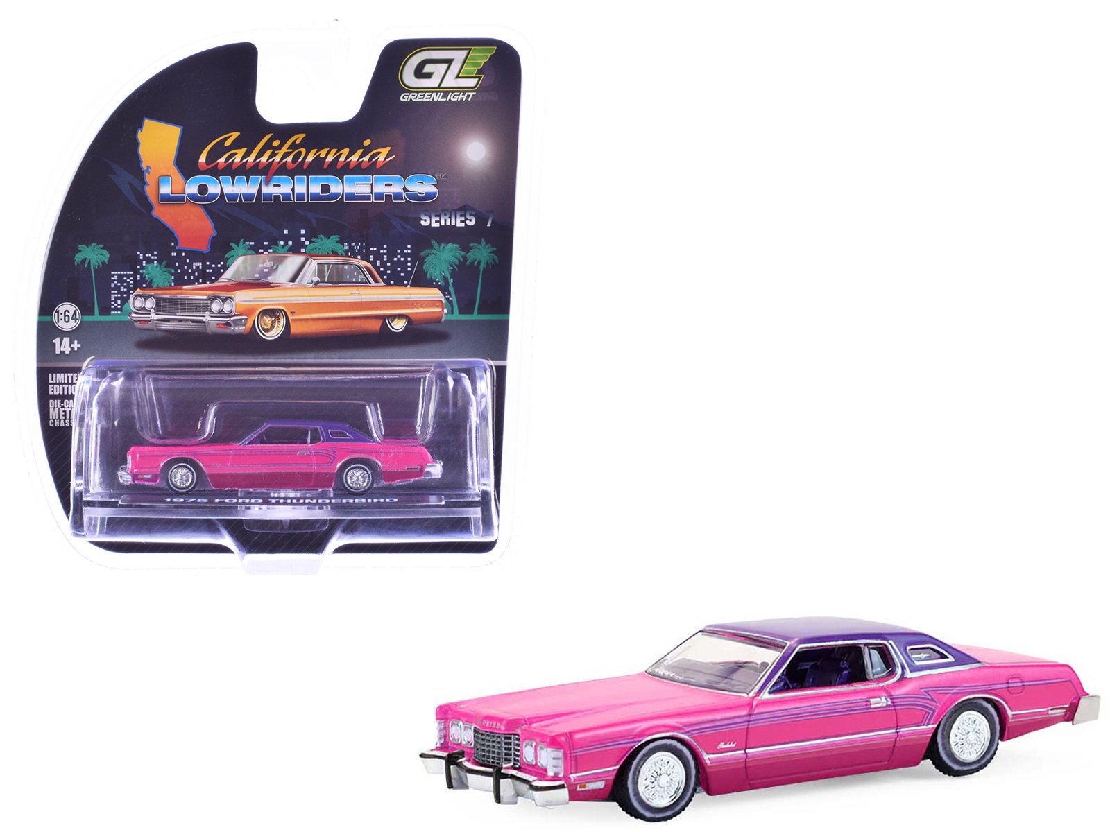 1975 ford thunderbird lowrider pink metallic with purple top and graphics with purple interior "california lowriders" series 7 1/64 diecast model car by greenlight 1975 ford thunderbird lowrider pink metallic with purple top and graphics with purple interior "california lowriders" series 7 1/64 diecast model car by greenlight