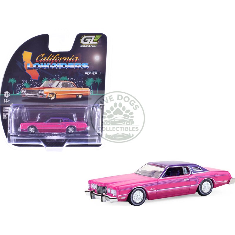 1975 ford thunderbird lowrider pink metallic with purple top and graphics with purple interior "california lowriders" series 7 1/64 diecast model car by greenlight