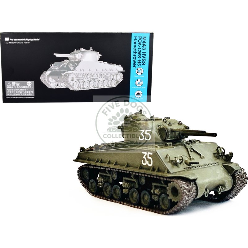 united states m4a3 hvss poa cws h5 flamethrower tank olive drab #35 "hawaii" (1951) "neo dragon armor" series 1/72 plastic model by dragon models