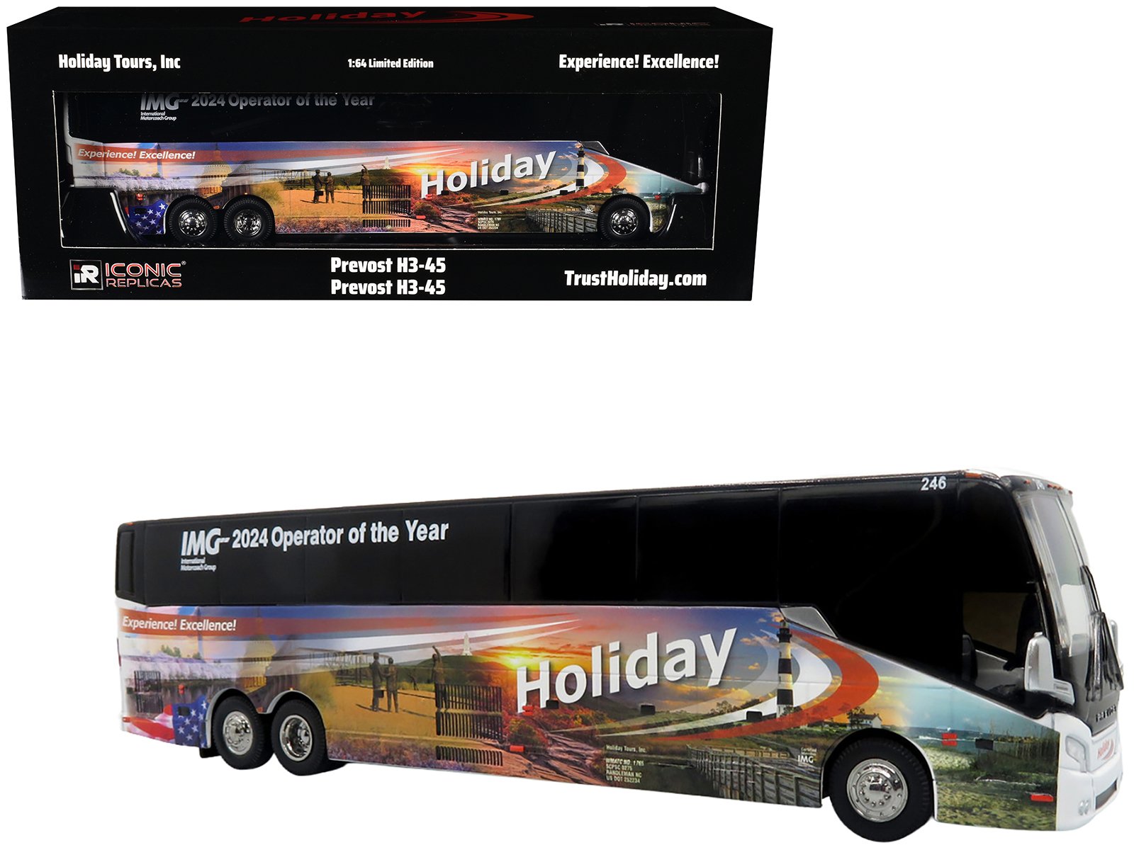 prevost h3 45 coach bus "holiday tours 2024 img operator of the year" white with graphics limited edition 1/64 diecast model by iconic replicas prevost h3 45 coach bus "holiday tours 2024 img operator of the year" white with graphics limited edition 1/64 diecast model by iconic replicas