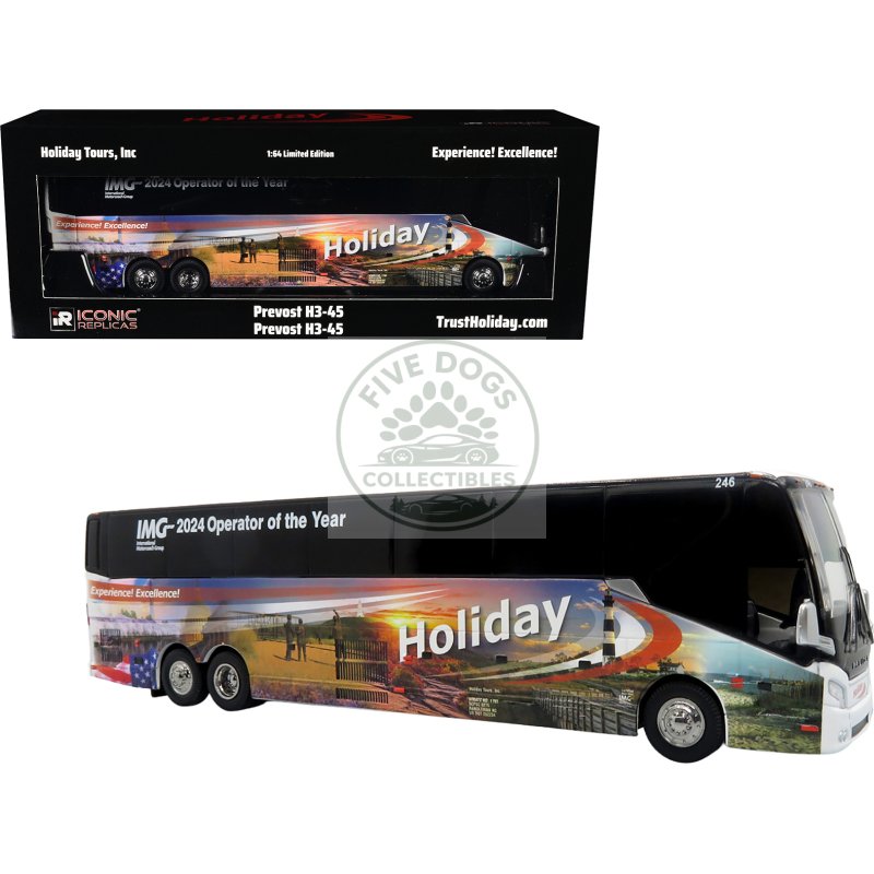 prevost h3 45 coach bus "holiday tours 2024 img operator of the year" white with graphics limited edition 1/64 diecast model by iconic replicas