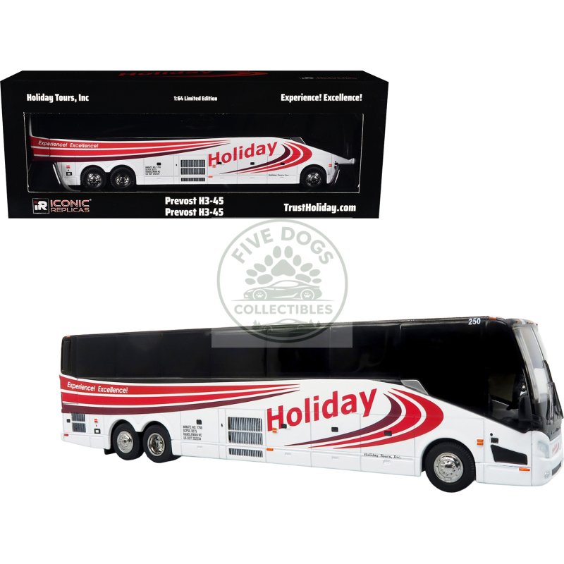 prevost h3 45 coach bus "holiday tours" white with red graphics limited edition 1/64 diecast model by iconic replicas