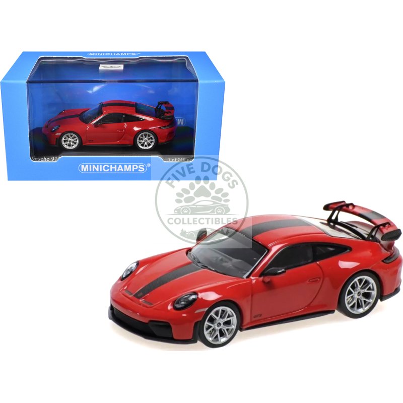 2025 porsche 911 (992.2) gt3 weissach package red with carbon stripe limited edition to 240 pieces worldwide 1/64 diecast model car by minichamps