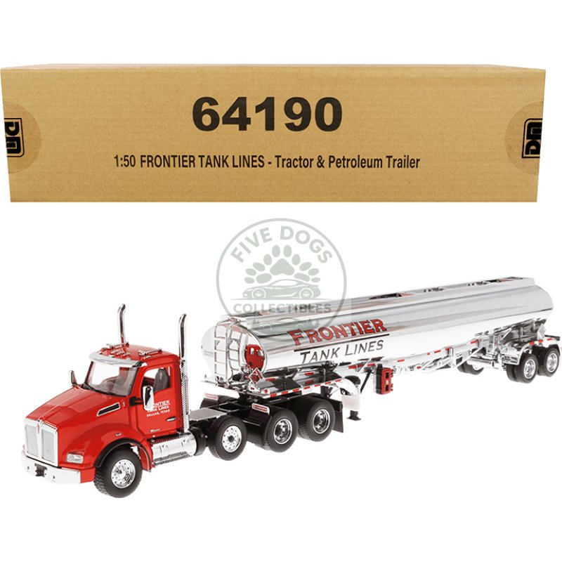 kenworth t880 sbfa tandem day cab truck with pusher axle and heil fd9300/dt c4 petroleum tanker trailer "frontier tank lines" red and chrome "transport series" limited edition to 500 pieces worldwide 1/50 diecast model by diecast masters