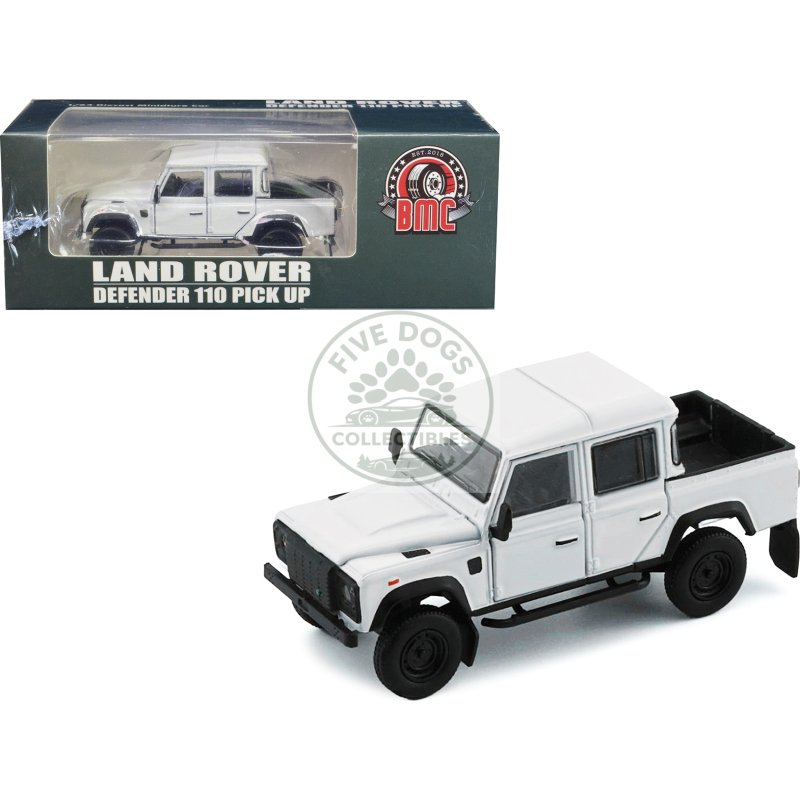land rover defender 110 pickup truck white with extra wheels 1/64 diecast model car by bm creations