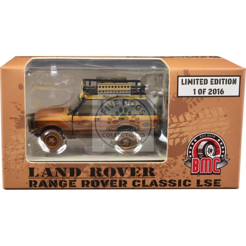 land rover range rover classic lse rhd (right hand drive) "camel trophy" yellow (dirty mud version) with roof rack extra wheels and accessories limited edition to 2016 pieces worldwide 1/64 diecast model car by bm creations