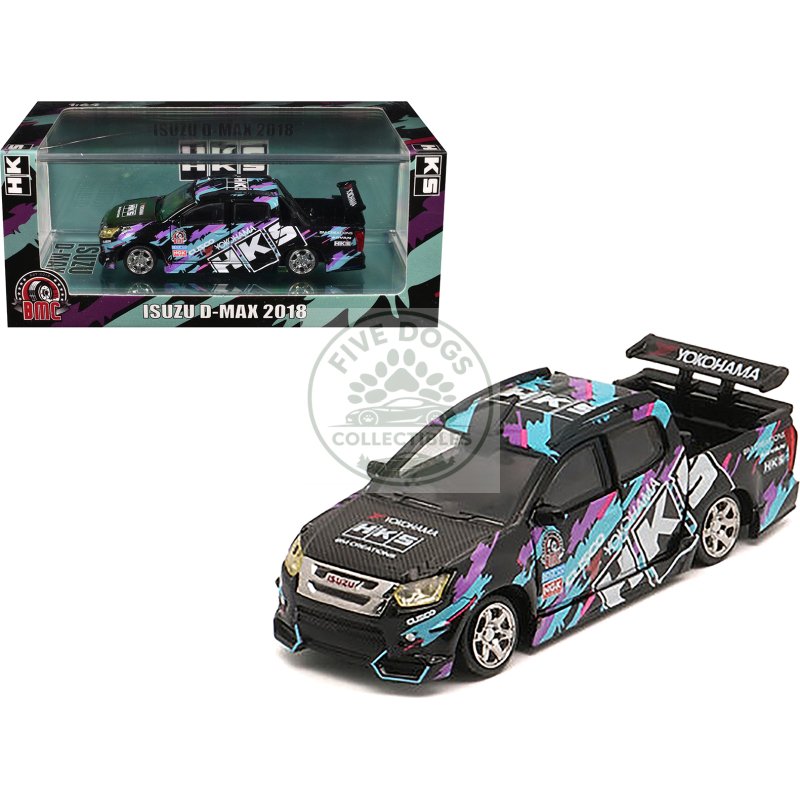 isuzu d max lowrider pickup truck rhd (right hand drive) "hks" black with graphics "thailand diecast expo 2025" 1/64 diecast model car by bm creations