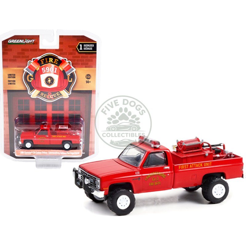 1986 chevrolet c20 custom deluxe pickup truck red first attack unit fire equipment and hose and tank "lawrenceburg fire department" (indiana) "fire & rescue" series 1 1/64 diecast model car by greenlight