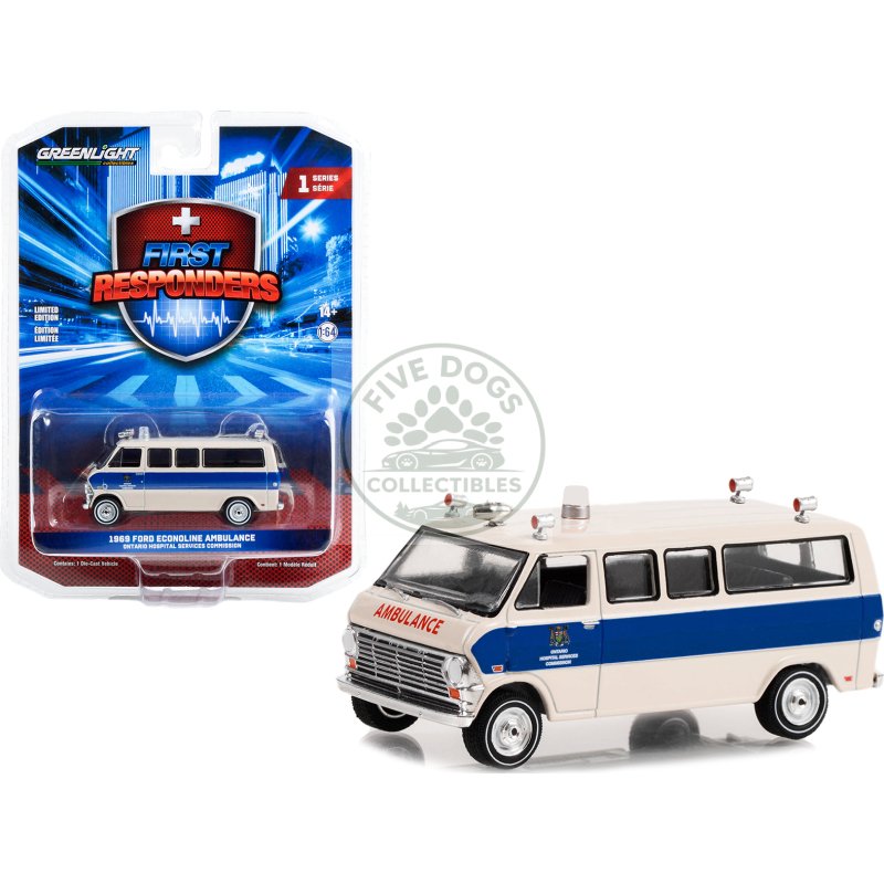 1969 ford econoline ambulance beige with blue stripes "ontario hospital services commission ontario canada" "first responders" series 1 1/64 diecast model car by greenlight