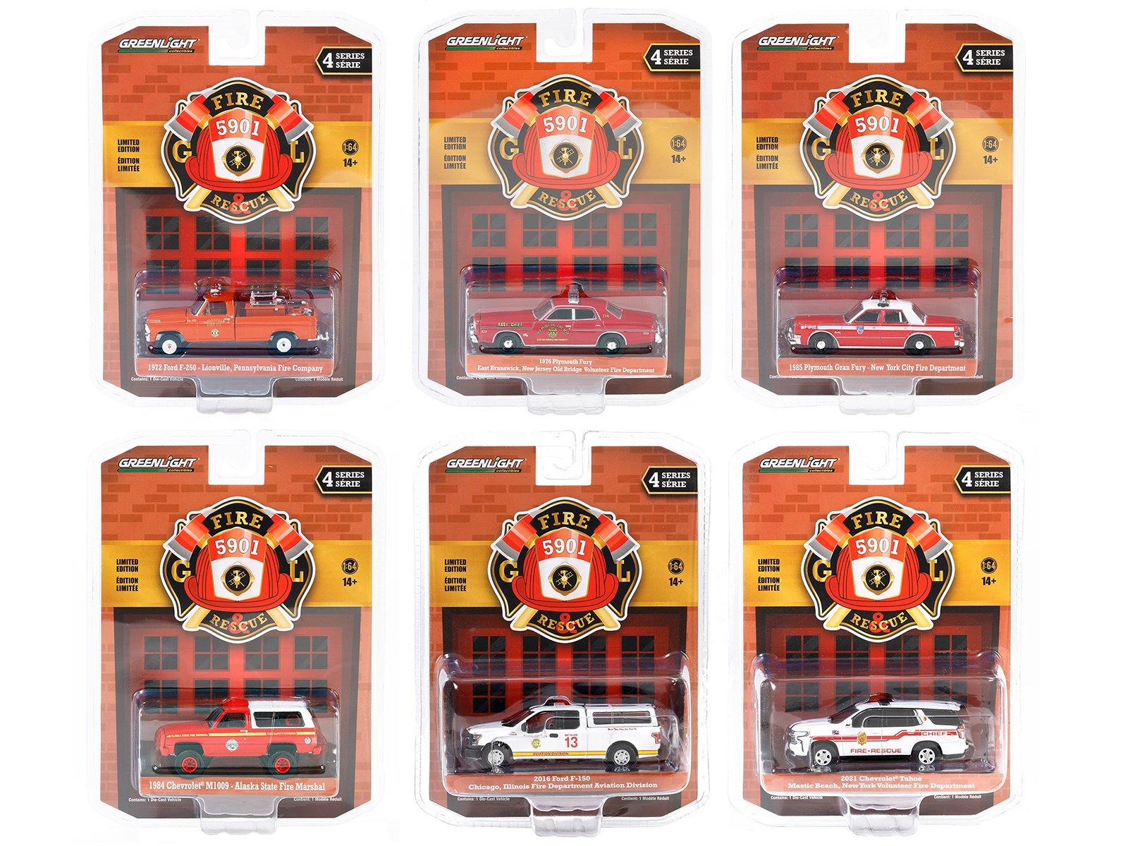 "fire & rescue" set of 6 pieces series 4 1/64 diecast model car by greenlight "fire & rescue" set of 6 pieces series 4 1/64 diecast model car by greenlight