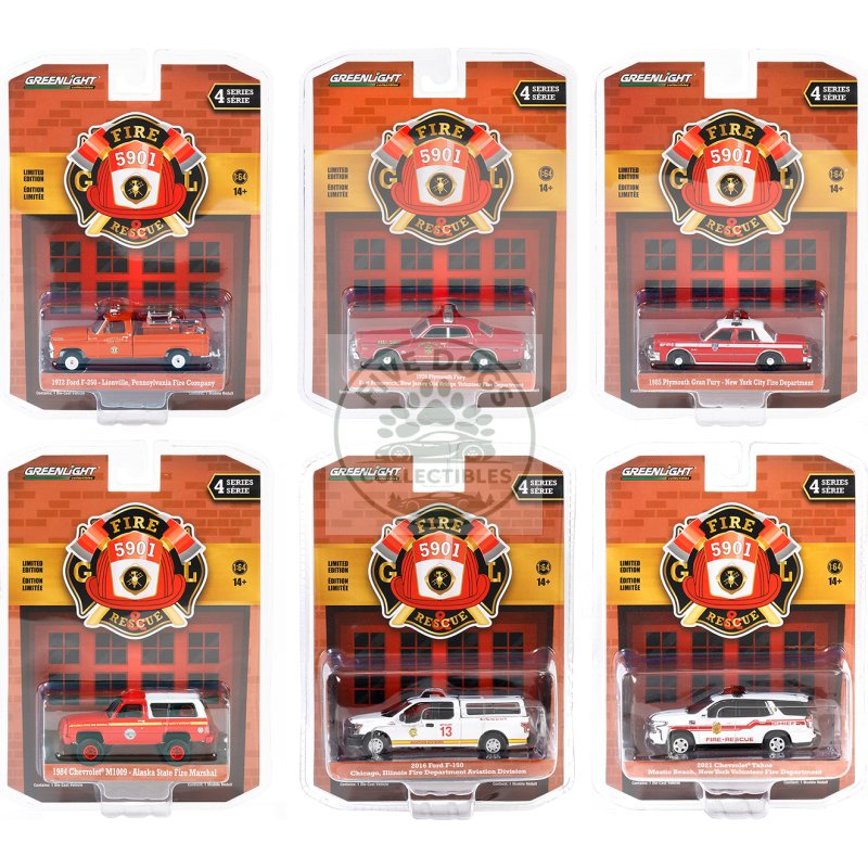 "fire & rescue" set of 6 pieces series 4 1/64 diecast model car by greenlight