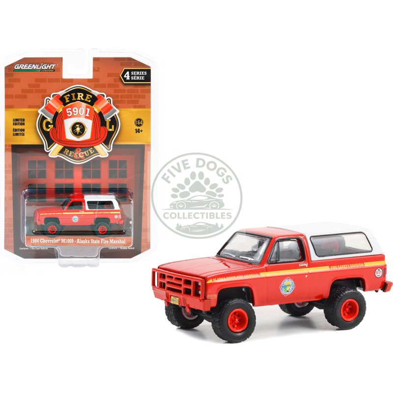 1984 chevrolet m1009 red with white camper shell "alaska state fire marshal" "fire & rescue" series 4 1/64 diecast model car by greenlight
