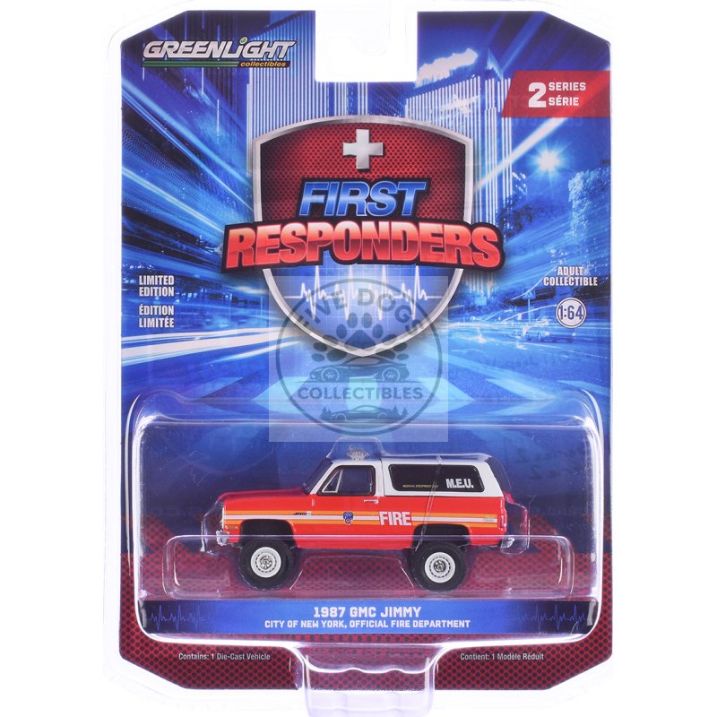 1987 gmc jimmy "fdny (the official fire department city of new york) m.e.u. (medical equipment unit)" red and white "first responders" series 2 1/64 diecast model car by greenlight