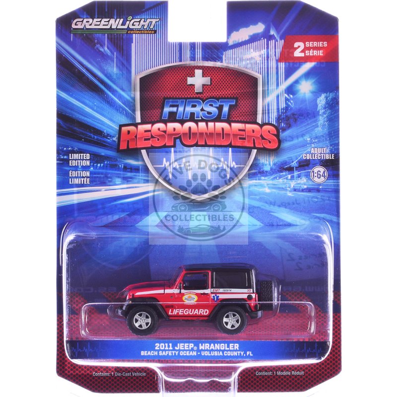 2011 jeep wrangler "volusia county florida beach safety ocean rescue lifeguard/emt" red with white stripes "first responders" series 2 1/64 diecast model car by greenlight
