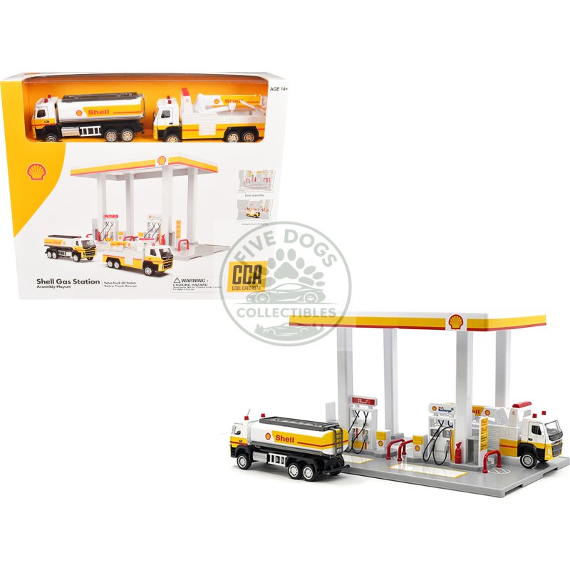 shell gas station playset with volvo oil tanker and volvo tow truck diorama set