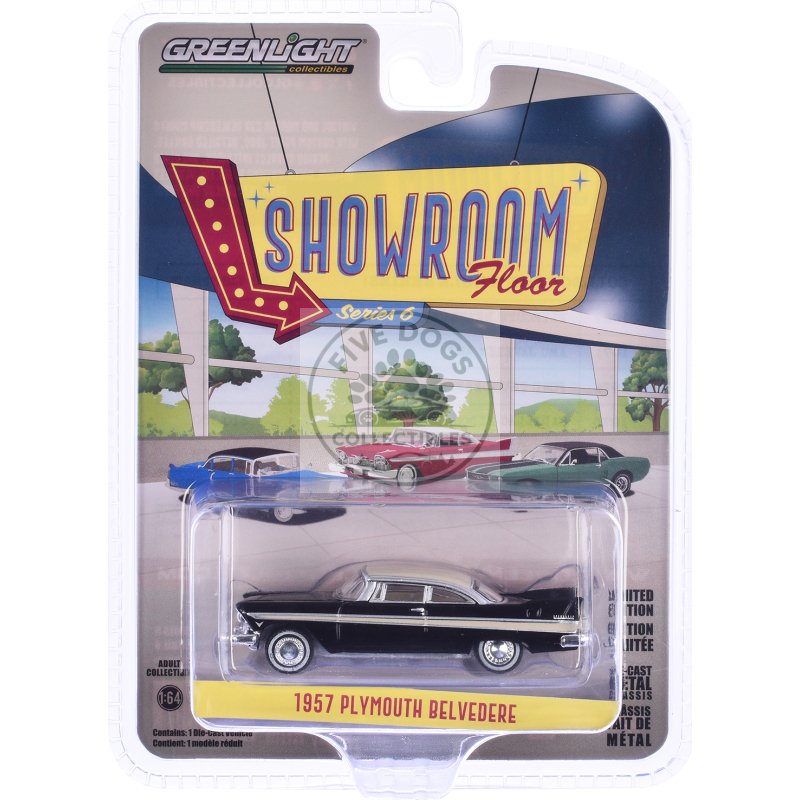 1957 plymouth belvedere jet black with sand dune white top and stripes "showroom floor" series 6 1/64 diecast model car by greenlight