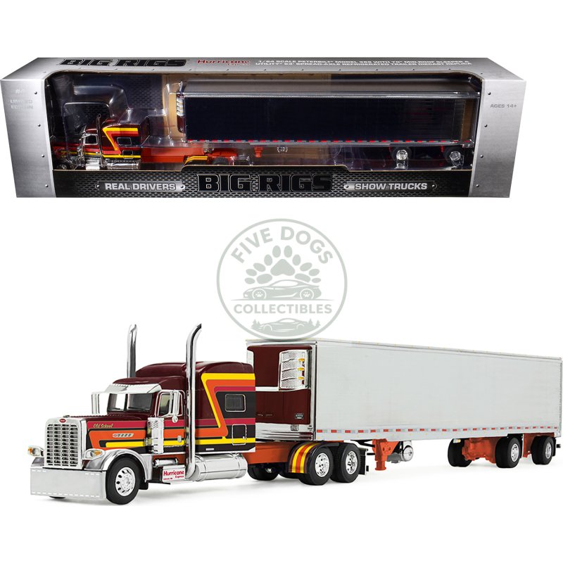 peterbilt 389 pride n class with 70" mid roof sleeper and 53' utility trailer with reefer "hurricane express" brown with stripes "big rigs" series ii #4 1/64 diecast model by dcp/first gear