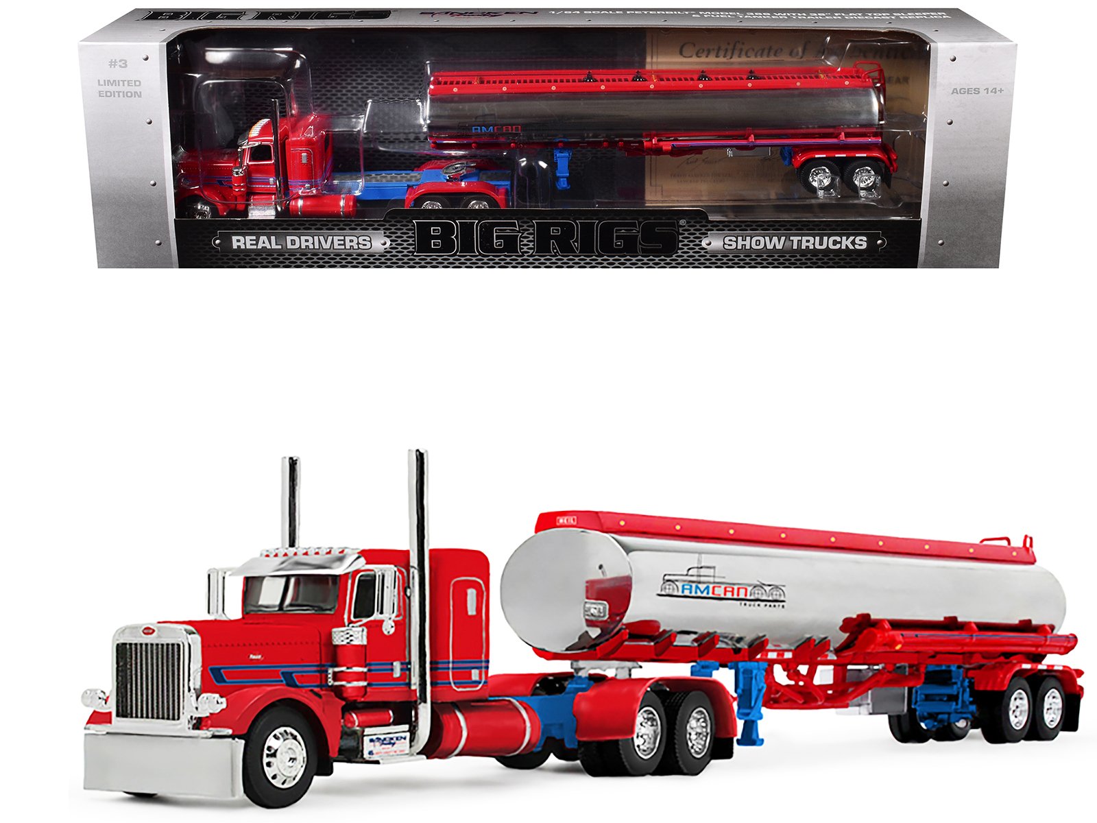 peterbilt 389 with 36" flat top sleeper and heil fuel tank trailer "sancken custom truck by amcan" red "big rigs" series ii #3 1/64 diecast model by dcp/first gear peterbilt 389 with 36" flat top sleeper and heil fuel tank trailer "sancken custom truck by amcan" red "big rigs" series ii #3 1/64 diecast model by dcp/first gear