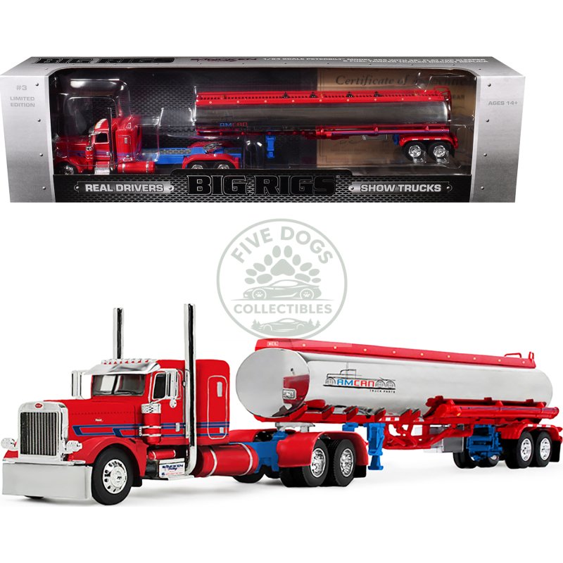 peterbilt 389 with 36" flat top sleeper and heil fuel tank trailer "sancken custom truck by amcan" red "big rigs" series ii #3 1/64 diecast model by dcp/first gear