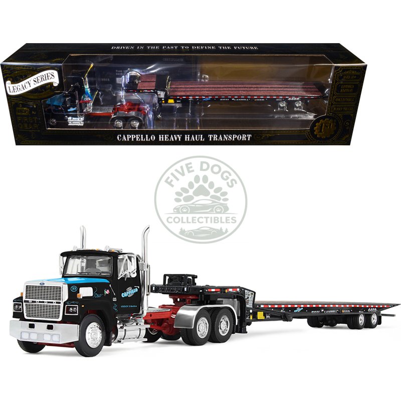 ford ltl 9000 day cab and landoll 440b 50ca traveling axle trailer "cappello heavy transport" black with blue hood "legacy" series #3 1/64 diecast model by dcp/first gear