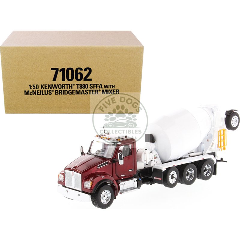 kenworth t880 sffa with mcneilus bridgemaster mixer truck radiant red and white 1/50 diecast model by diecast masters