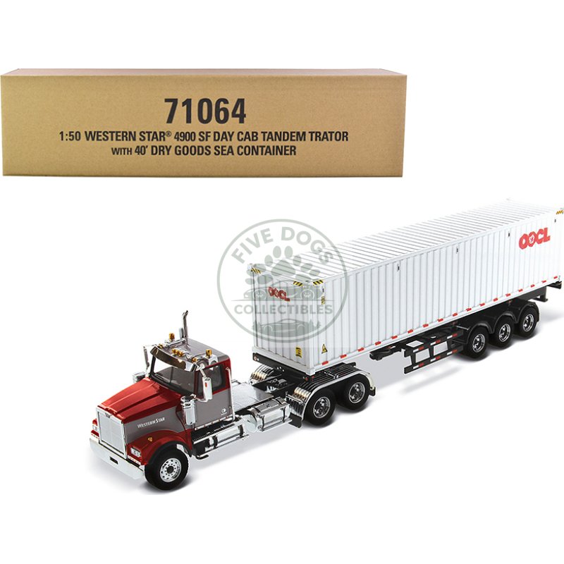 western star 4900 sf tandem day cab truck tractor red and gray with 40' dry goods sea container "oocl" white "transport series" 1/50 diecast model by diecast masters