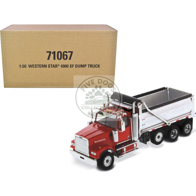 western star 4900 sf dump truck red and silver 1/50 diecast model by diecast masters