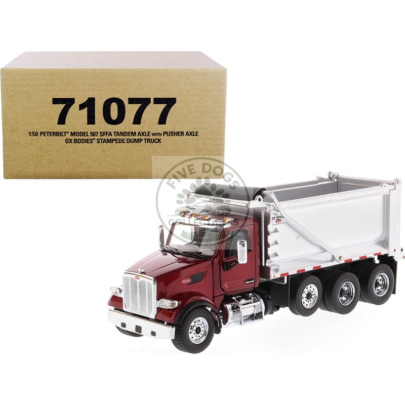 peterbilt 567 sffa tandem axle with pusher axle ox stampede dump truck red and chrome "transport series" 1/50 diecast model by diecast masters