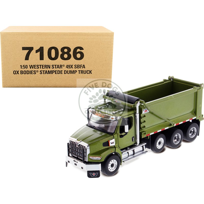 western star 49x sbfa ox bodies stampede dump truck olive green metallic "transport series" 1/50 diecast model by diecast masters