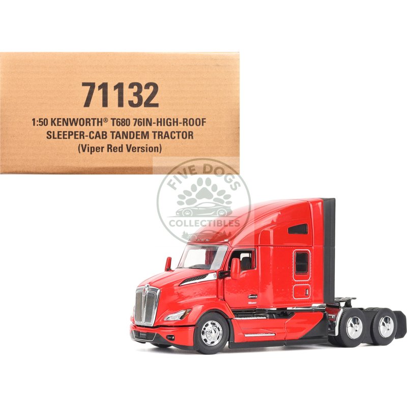 kenworth t680 76" high roof sleeper cab truck tractor viper red "transport series" 1/50 diecast model by diecast masters