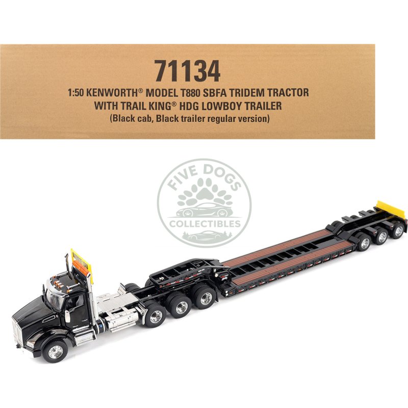 kenworth t880 sbfa tridem truck with trail king hdg lowboy trailer black "transport series" 1/50 diecast model by diecast masters