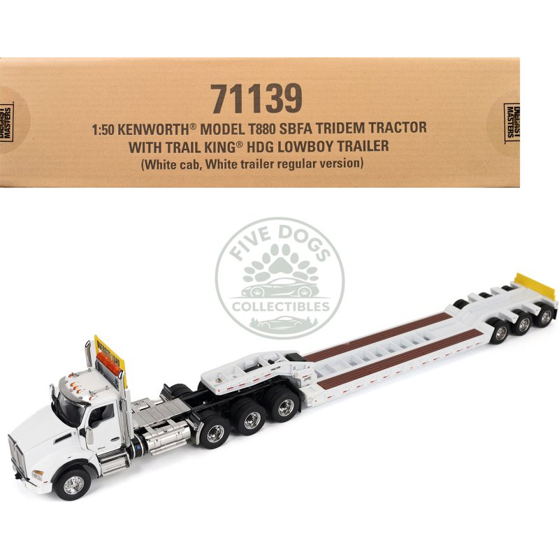 kenworth t880 sbfa tridem truck with trail king hdg lowboy trailer white "transport series" 1/50 diecast model by diecast masters