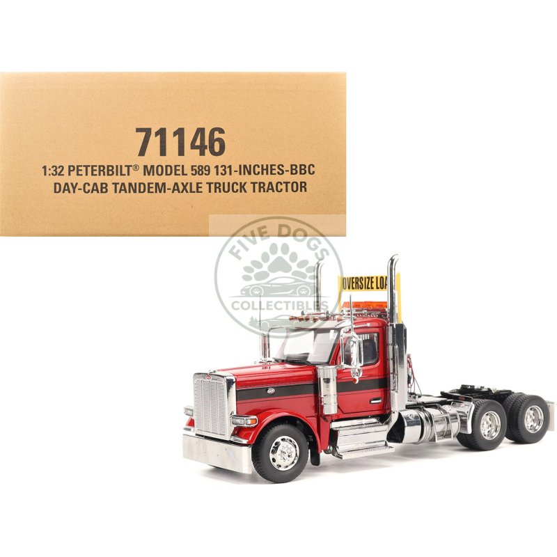 peterbilt 589 tandem axle truck tractor with day cab legendary red "transport series" 1/32 diecast model by diecast masters