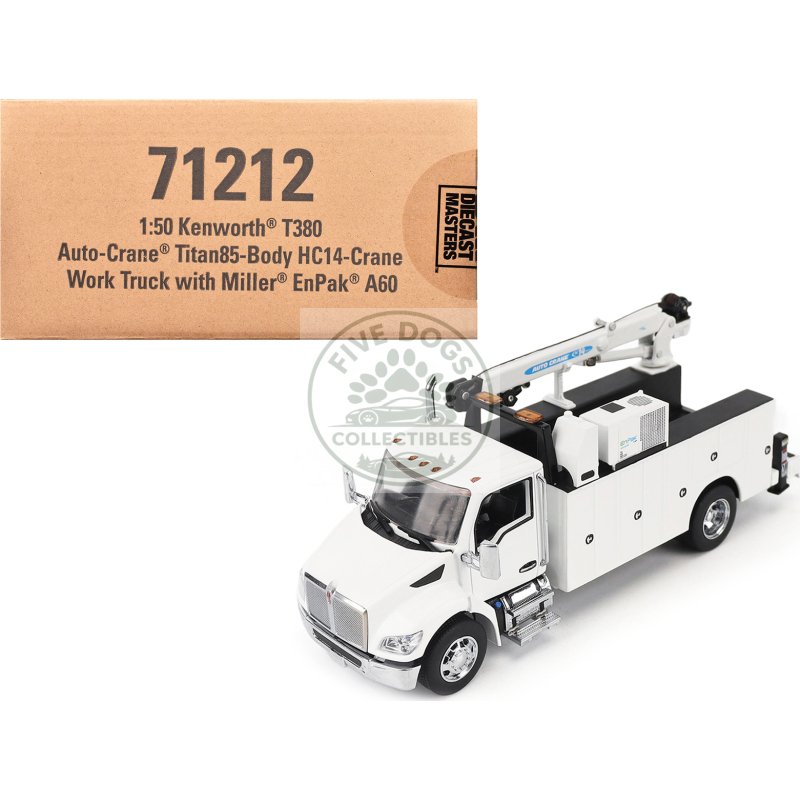 kenworth t380 auto crane titan 85 body hc14 crane work truck with miller enpak white "transport series" 1/50 diecast model by diecast masters