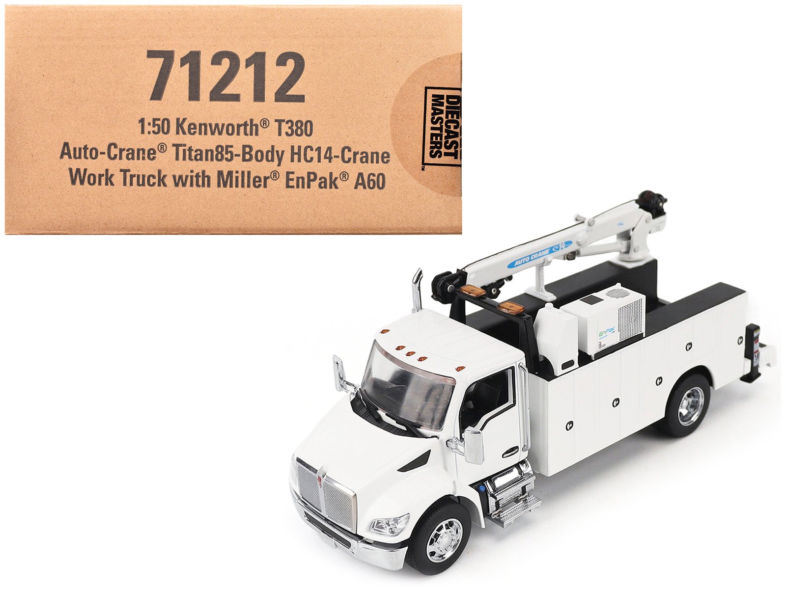 kenworth t380 auto crane titan 85 body hc14 crane work truck with miller enpak white "transport series" 1/50 diecast model by diecast masters kenworth t380 auto crane titan 85 body hc14 crane work truck with miller enpak white "transport series" 1/50 diecast model by diecast masters