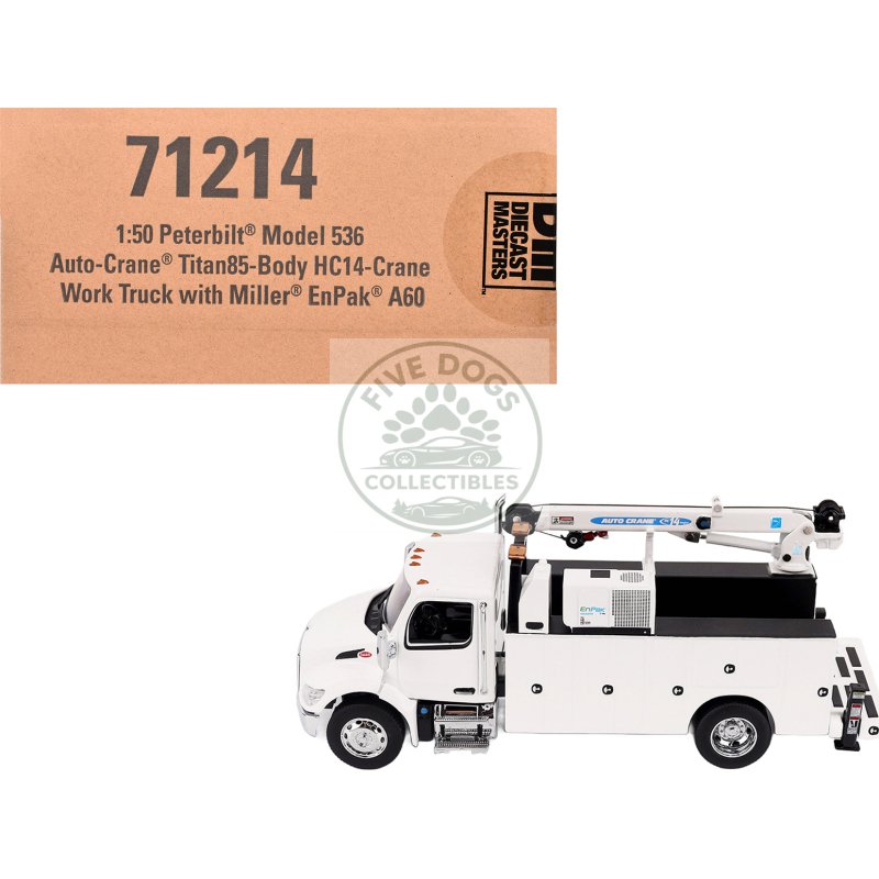 peterbilt 536 auto crane titan85 body hc14 crane work truck with miller enpak white "transport series" 1/50 diecast model by diecast masters