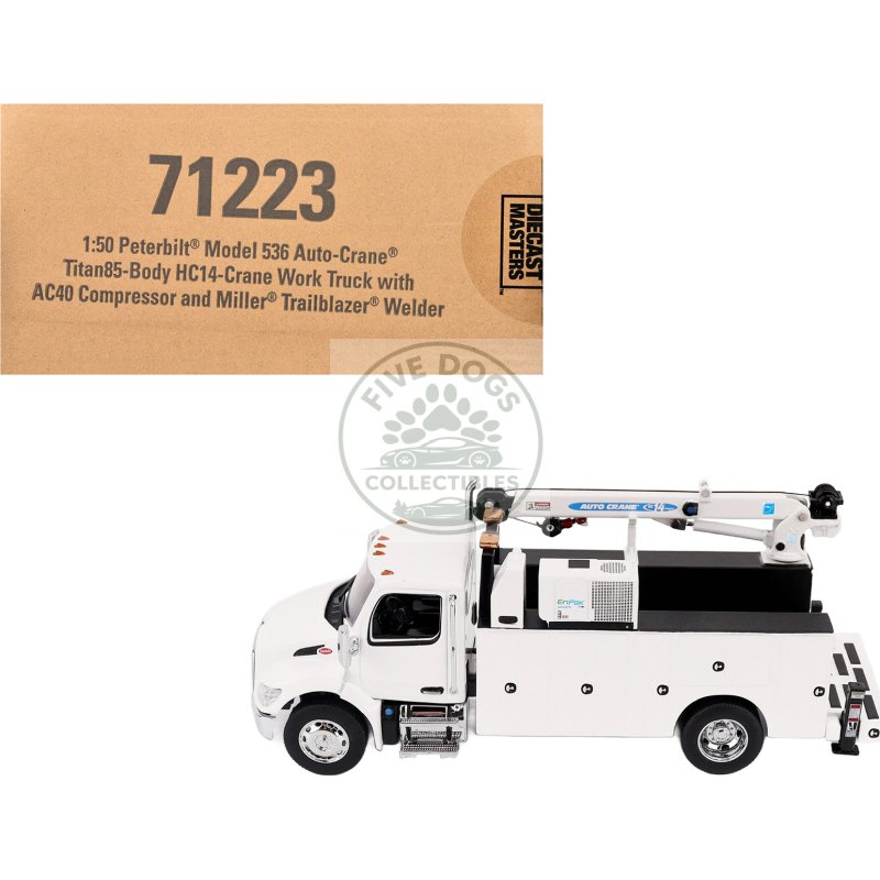 peterbilt 536 auto crane titan 85 body hc14 crane work truck with miller enpak white "transport series" 1/50 diecast model by diecast masters
