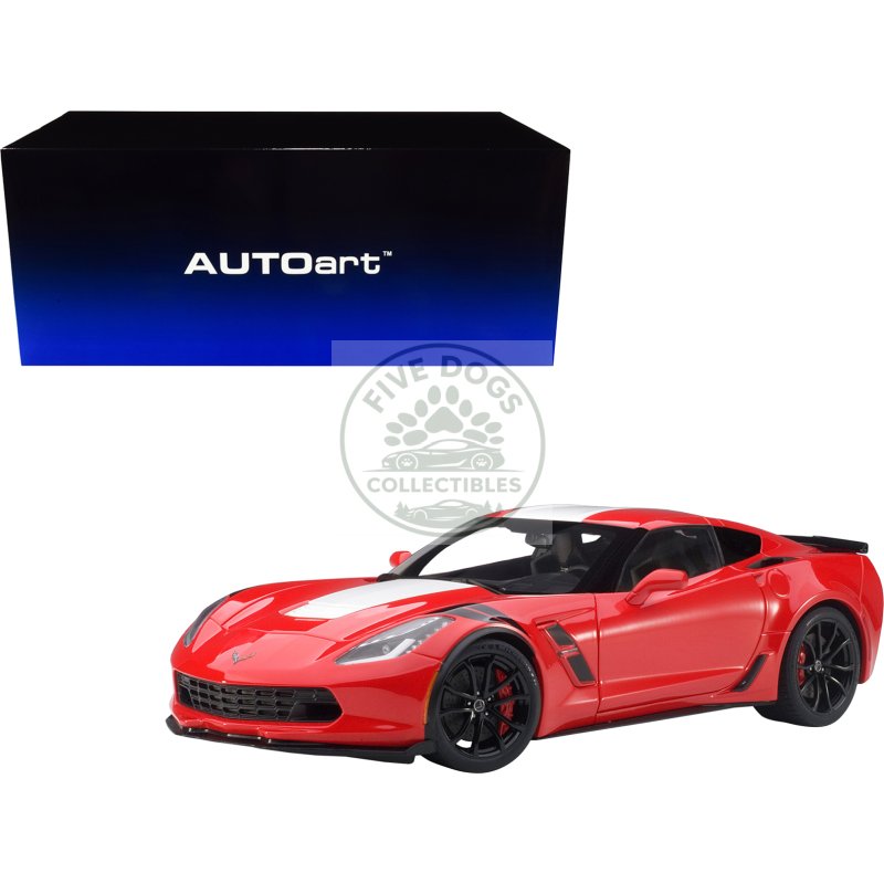 2017 chevrolet corvette c7 grand sport red with white stripe and black fender hash marks 1/18 model car by autoart