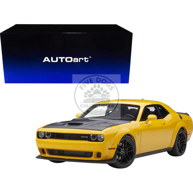 dodge challenger srt hellcat widebody yellow jacket with satin black hood 1/18 model car by autoart