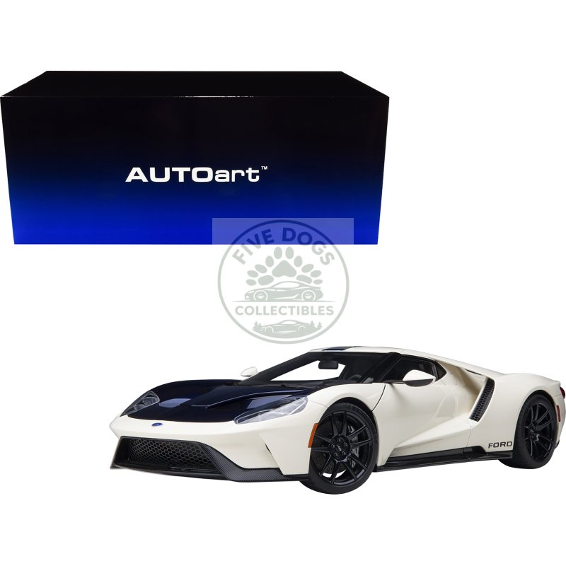 ford gt heritage edition prototype wimbledon white with antimatter blue hood and stripe 1/18 model car by autoart