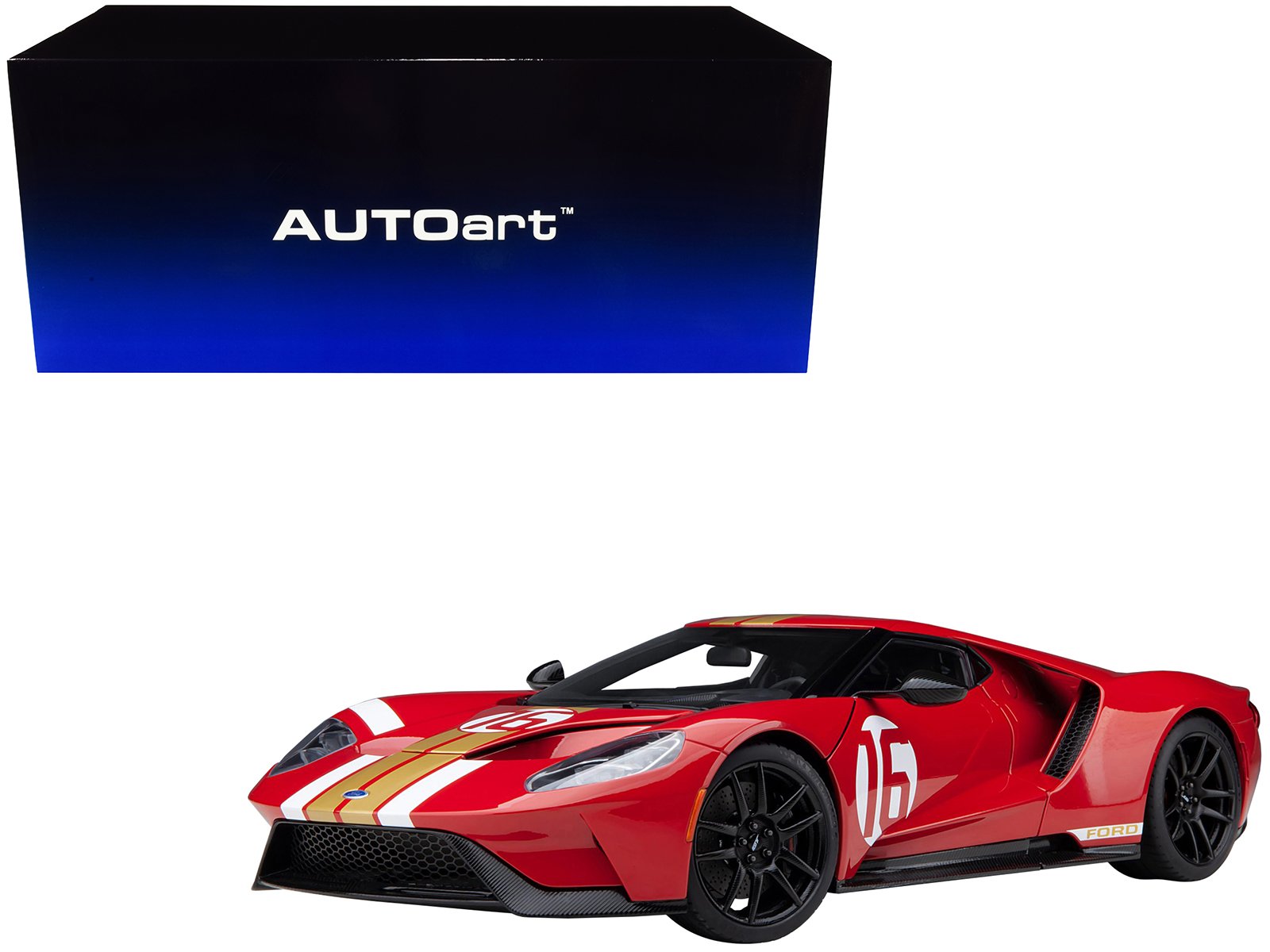 ford gt heritage edition #16 "alan mann" red metallic with gold stripes 1/18 model car by autoart ford gt heritage edition #16 "alan mann" red metallic with gold stripes 1/18 model car by autoart