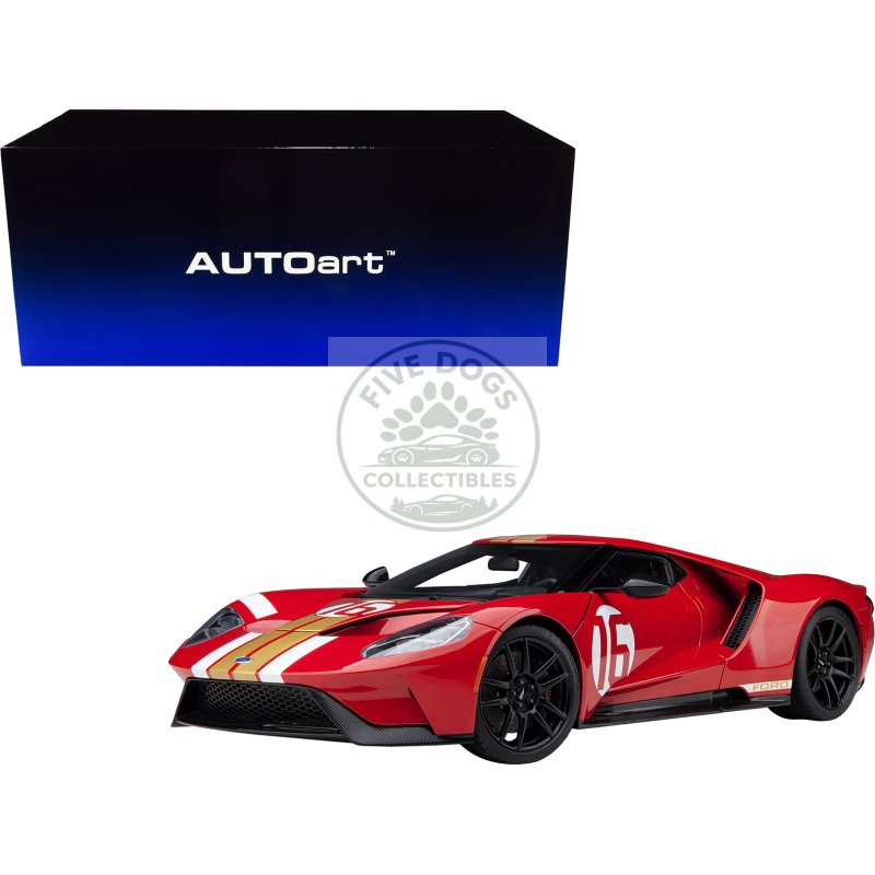 ford gt heritage edition #16 "alan mann" red metallic with gold stripes 1/18 model car by autoart