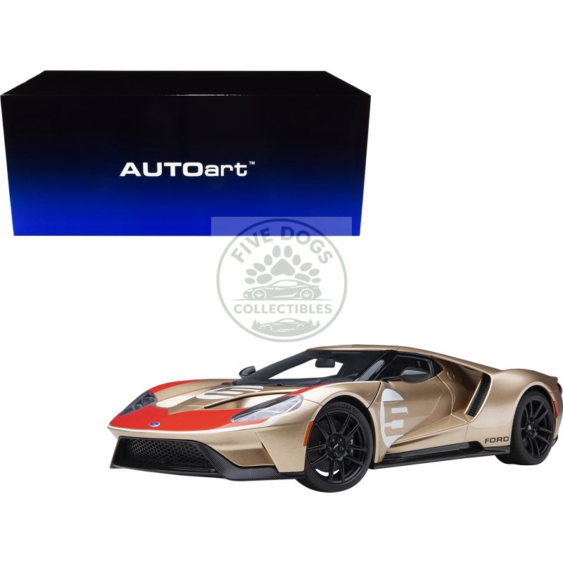 ford gt heritage edition #5 "holman moody" gold metallic with red and white graphics 1/18 model car by autoart