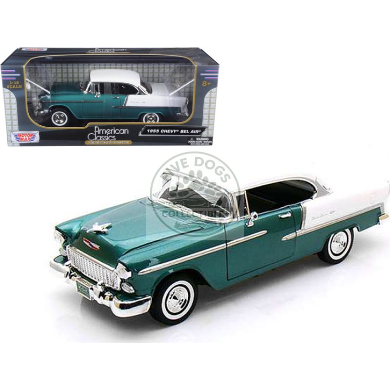1955 chevrolet bel air hard top green metallic and white 1/18 diecast model car by motormax