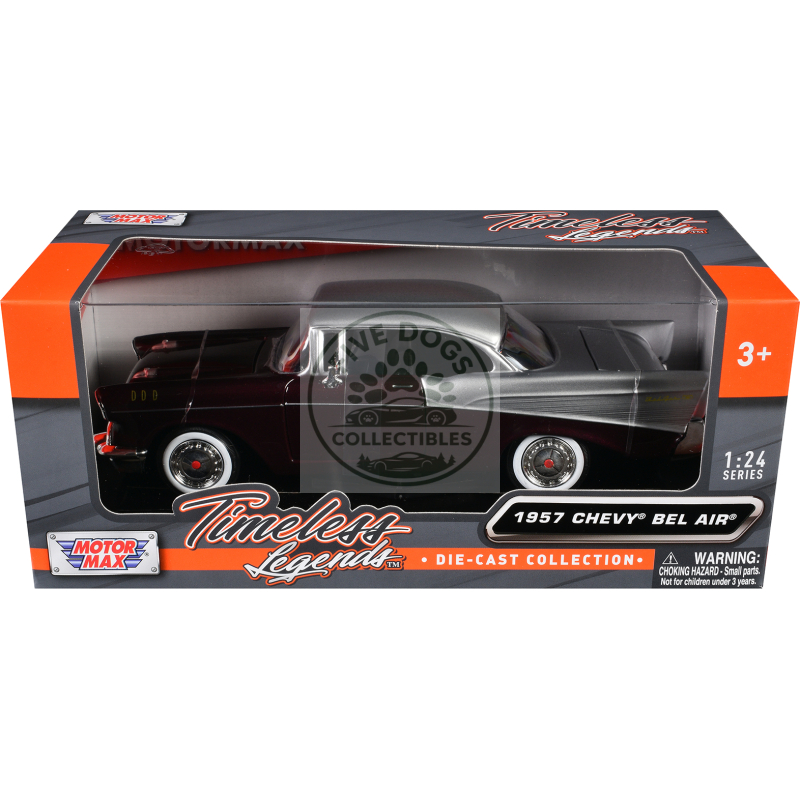 1957 chevrolet bel air burgundy metallic and silver metallic "timeless legends" series 1/24 diecast model car by motormax