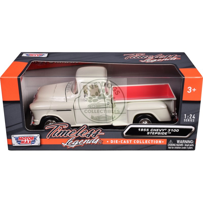 1955 chevrolet 3100 stepside pickup truck cream with white interior "timeless legends" series 1/24 diecast model car by motormax