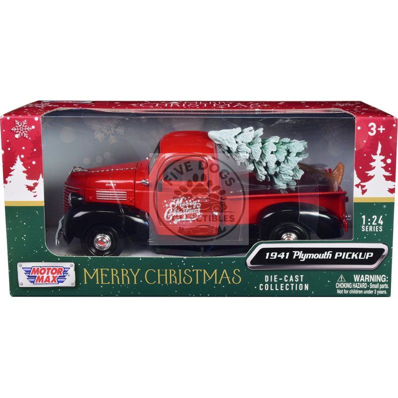 1941 plymouth pickup truck red and black "merry christmas" with tree accessory 1/24 diecast model car by motormax